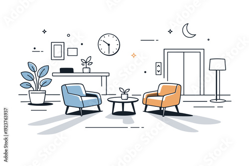 Office lobbies after hours. A quiet lobby with empty chairs and dimmed lights, shadows stretching across the floor. Editorial scene conveying