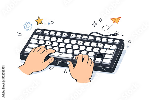 Cracked but working tech. Old keyboard with worn-off letters and a missing key, still actively being used. Visual metaphor for persistence