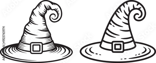 Halloween witch hat vector icon set. Includes two different styles of pointed witch hats with buckles. Created in black and white outline style.