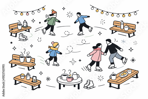 Evening Skating Delight. Evening ice skating meetup. Overhead view of skaters with soft glowing lights, benches, and warm drinks arranged