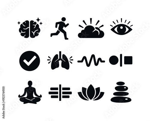 Exercise and mental clarity. Filled icon set of Exercise and mental clarity: clear brain,