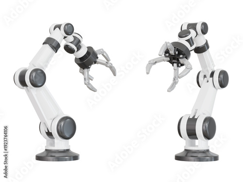 Dual robotic arms 3D illustration. Two white industrial mechanical limbs with silver grippers face each other in a symmetrical wide shot on a transparent background for automation concepts.