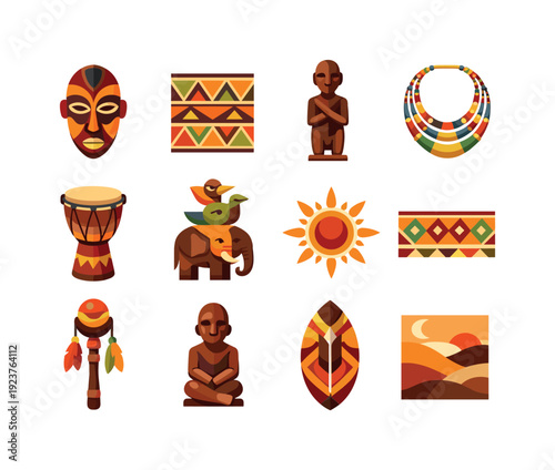 African art. Colorful flat vector icons set of African art: tribal mask, geometric pattern,