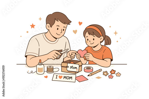 Mother?s Day handmade gifts teamwork. Siblings or a parent and child working together on a handmade present, calmly sharing tools and ideas.