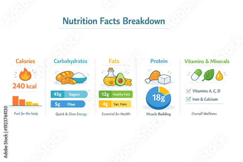 Nutrition facts breakdown infographic. A horizontal layout dividing nutrients into sections with small charts and icons, explaining food