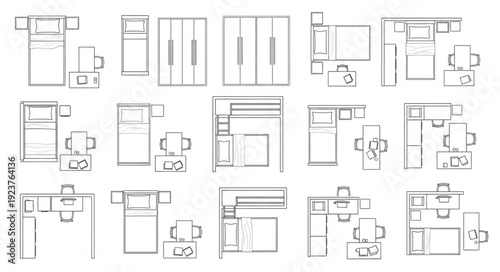 Detailed architectural sketches of various interior design layouts and furniture arrangements.