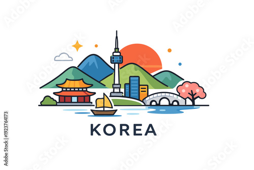 Korea travel inspiration illustrated with a simple landscape blending mountains, city elements, and a rising sun, suggesting discovery,