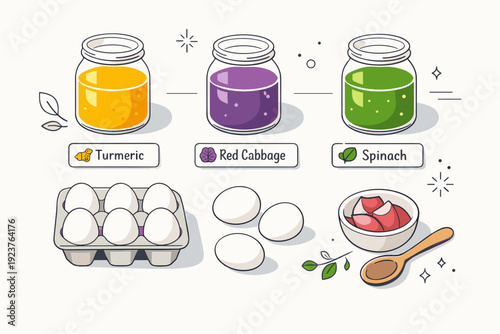 Natural dye setup for Easter eggs. A clean top-down scene of glass jars with plant-based dyes like turmeric, red cabbage, and spinach, alongside unpainted eggs