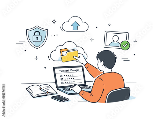 Digital legacy planning. A calm editorial scene of a person organizing digital files and passwords on a laptop, showing responsibility and