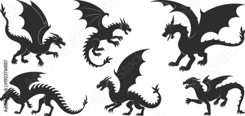 Collection of black dragon silhouettes with wings and claws on white background Keywords: dragon, silhouette, mythical creature