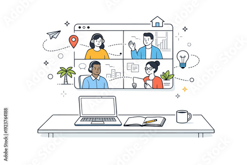 Hybrid work concepts. A video call window floats above a simple desk with a laptop and notebook. Connected collaboration across different