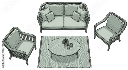 Outdoor wicker furniture set with sofa, chairs, rug, and coffee table for relaxation.
