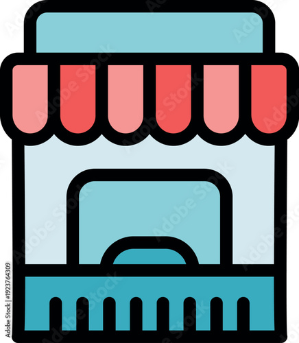 Small outdoor food stall selling snacks and drinks, with red and white striped awning, counter and blue base