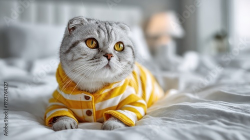 cat is wearing cute pajamas. The pajamas are made of yellow and white striped seersucker fabric