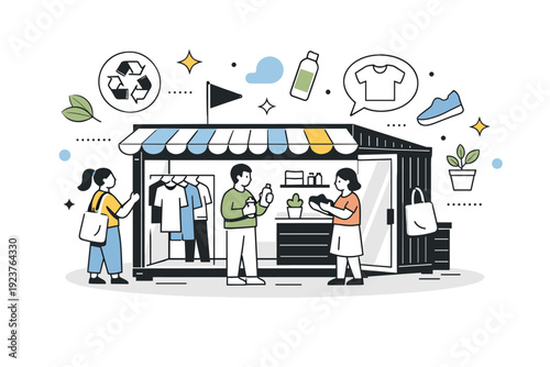 Pop-up container shop. A shipping container converted into a retail space with customers browsing, abstract floating shapes and icons of
