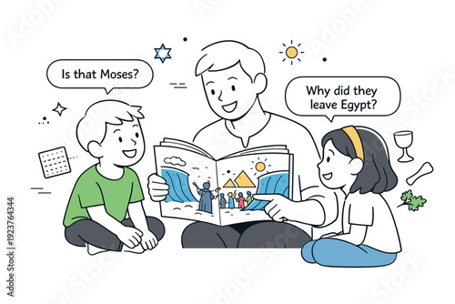 Passover Storytime Scene. Reading the Passover story together. Parent holding a book and pointing to illustrations, children sitting nearby and