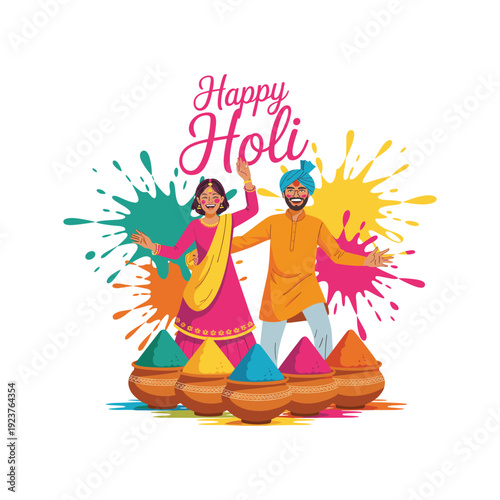 Indian Couple Celebrating Holi Festival with Colorful Powder Splashes and Gulal Pots