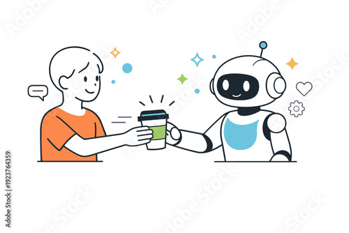 Friendly robot interaction. A human hands a coffee cup to a robot, abstract floating dots and stars emphasizing playful and approachable