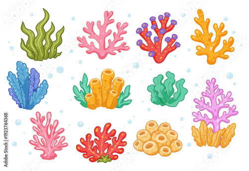 Cartoon ocean plants. Corals and seaweed, marine kelp, aquarium plants. Underwater reef flora vector illustration icons set