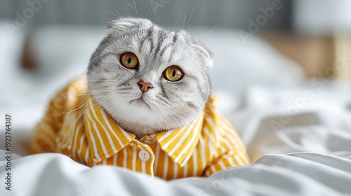 cat is wearing cute pajamas. The pajamas are made of yellow and white striped seersucker fabric