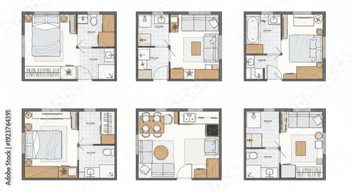 Detailed architectural floor plans showcasing various room layouts and designs for residential spaces.