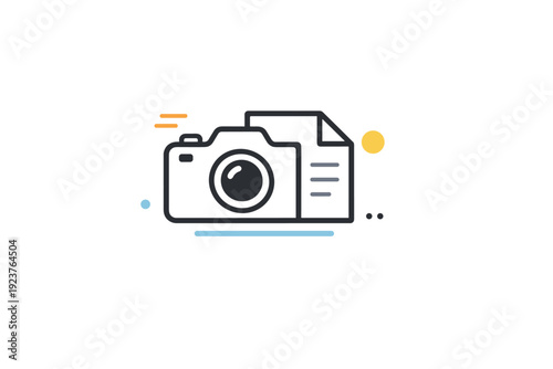 Minimal documentary concept icon. A clean editorial-style icon showing a camera and document combined into a simple symbolic form. The mood feels informative,