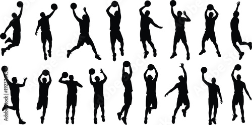 Collection of basketball player silhouettes in various action poses jumping