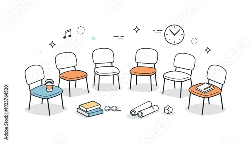 Community hall quiet time. Empty chairs in a circle or row, soft evidence of past gathering and pause before the next. Friendly structure