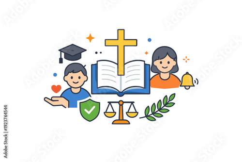 Catholic Education Icon. Catholic education expressed as character formation and ethical growth with symbolic elements that convey compassion, discipline, and