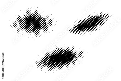 Halftone sprinkle dot cluster, a single scattered dot cluster object shown in flat front view, angled view, and three-quarter perspective view within one