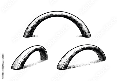 Set of three curved metal handles in a vintage etched illustration style