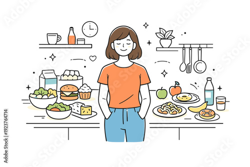 Food neutrality concepts. Individual standing in a kitchen with various foods in the background, no item highlighted or separated. Quiet atmosphere