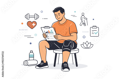 Mindful Athlete Reflection. Post-rehab reflection session. Athlete seated, reviewing progress notes or charts, calm satisfaction and mindful awareness of