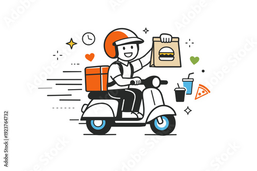 Fast food delivery. A delivery person on a scooter holding a bag of food, motion lines and abstract icons emphasizing speed and friendliness.