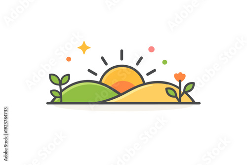 Spring aesthetic gentle outdoor feeling with a small sun rising above soft hills and minimal plants, conveying warmth, renewal, and a clean seasonal vibe.