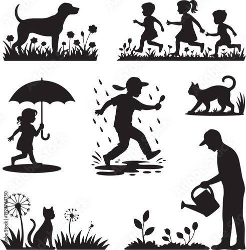 black silhouettes of people and animals in various outdoor activities