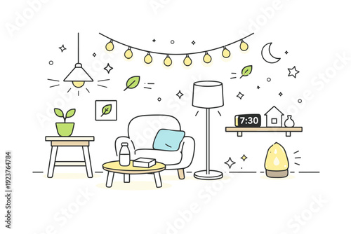 Ambient eco-lighting. A cozy room with low-energy lamps and subtle decorative lights, small floating star and leaf icons, calm and sustainable interior vibe.