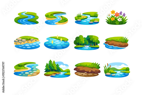 Creek landscape. Colorful flat vector icons set of creek landscape: meandering stream, river bend, grassy banks, wildflowers, pebbled shore,