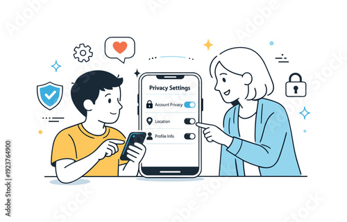 Digital Literacy Empowerment. Safe sharing habits. A student learning how to adjust privacy settings on a social media app with the help of a