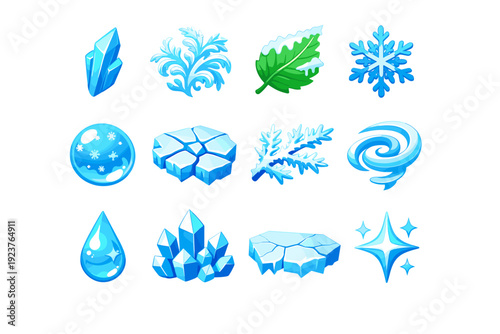 Ice crystals. Colorful flat vector icons set of Ice crystals: ice shard, frost pattern, frozen leaf, snowflake, icy bubble, cracked ice,