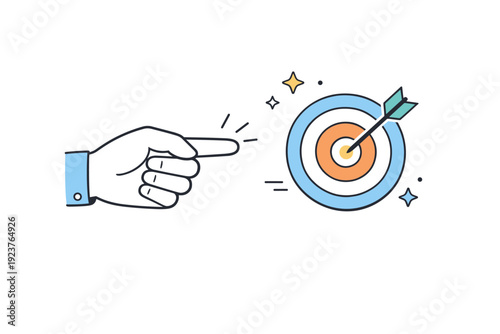 Hands and gestures. A hand pointing or guiding attention toward a simple icon or element. Clear direction, focus, and explanation conveyed visually. Minimalist