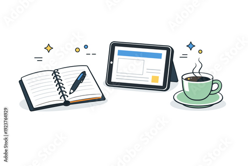 Coffee break work rituals. Desk scene with notebook, tablet, and steaming coffee cup neatly arranged. Short mindful pause before returning to focused work.
