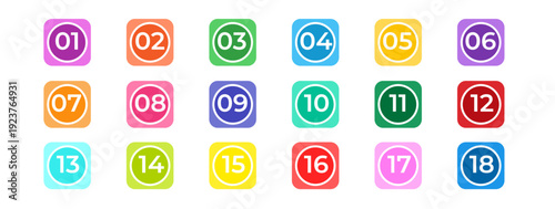 Vibrant circular number icons 1–18 with flat and outlined typography, colorful vector elements for UI, infographic layouts, learning materials and fun design projects