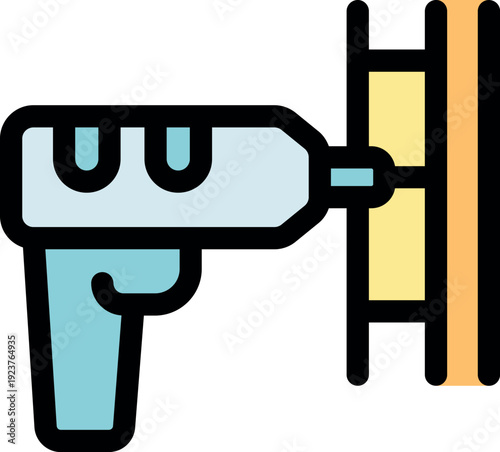 Cordless drill making hole in wood, power tool for construction and carpentry work