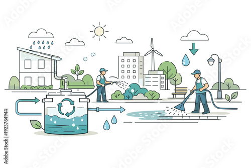 Urban rainwater harvesting reuse. A city scene showing stored rainwater being reused for irrigation or cleaning public spaces. The mood feels