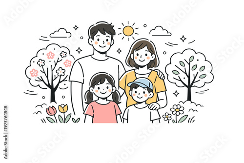 Spring holiday family portrait outdoors. A family standing together in a blooming park, parents and children smiling naturally under soft spring sunlight. Calm