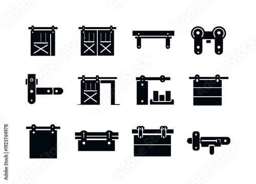 Collection of black sliding barn door hardware icons and designs on a white background