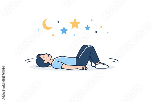 Evening posture reset. A person lying on the floor with knees bent and back flat in a relaxing posture reset pose, subtle stars and dots floating above, calm