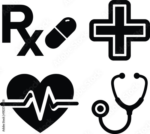 Black Vector Medical and Healthcare Icon Set Including Rx Prescription Pill, First Aid Cross, Heartbeat EKG, and Stethoscope