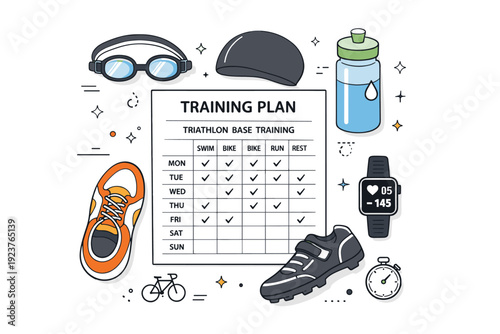 Triathlon spring base training. Top-down flat lay with training plan sheet, smartwatch, water bottle, and simple gear. Organized endurance preparation with